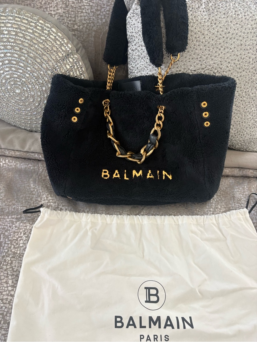 Balmain Black Faux Shearling Tote with Gold Chain Handles